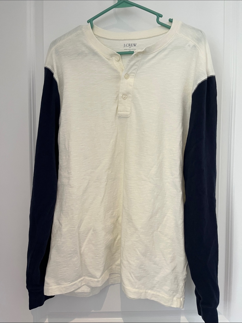 J. Crew Two-Tone Henley Long-Sleeve Shirt in Cream and Navy